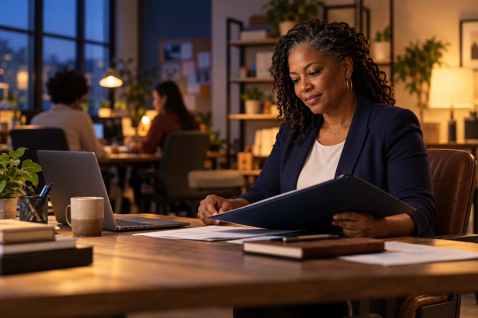 Business owner reviewing work in a quiet office.